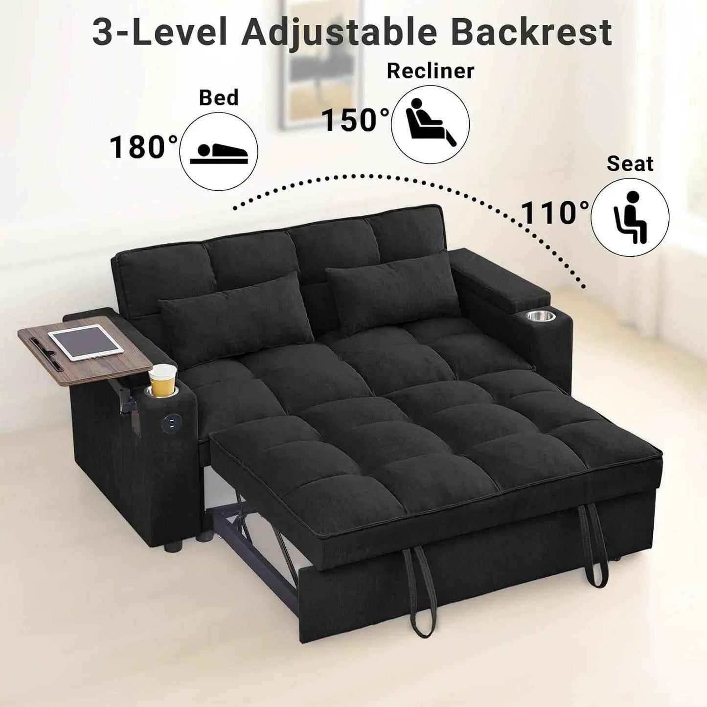 65Inches Transformable Sleeper Sofa Bed Black USBPort from PriceLows™