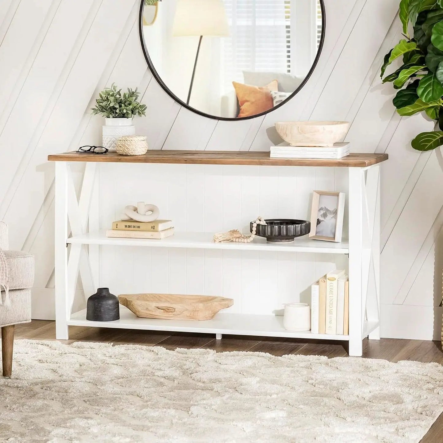 52 Inch White 2 Tier Modern Farmhouse Wood Bookcase Bookshelf for Home Office Storage Cabinet from PriceLows™