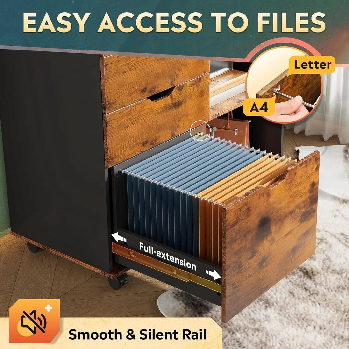 Mobile 3 Drawer Wood File Cabinet With Open Storage Shelves Rustic Brown from PriceLows™
