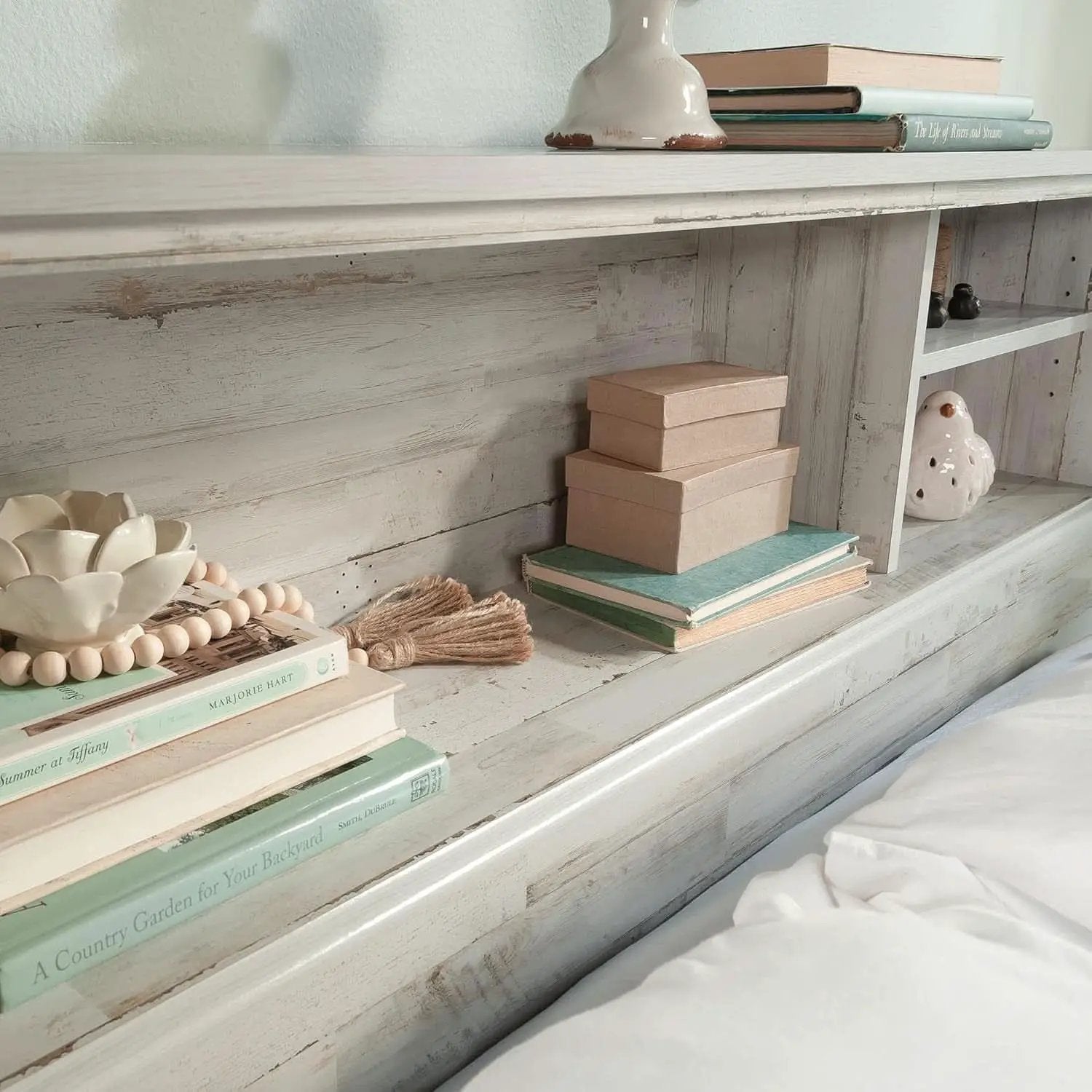 Versatile White Plank Headboard with Adjustable Storage Shelves from PriceLows™