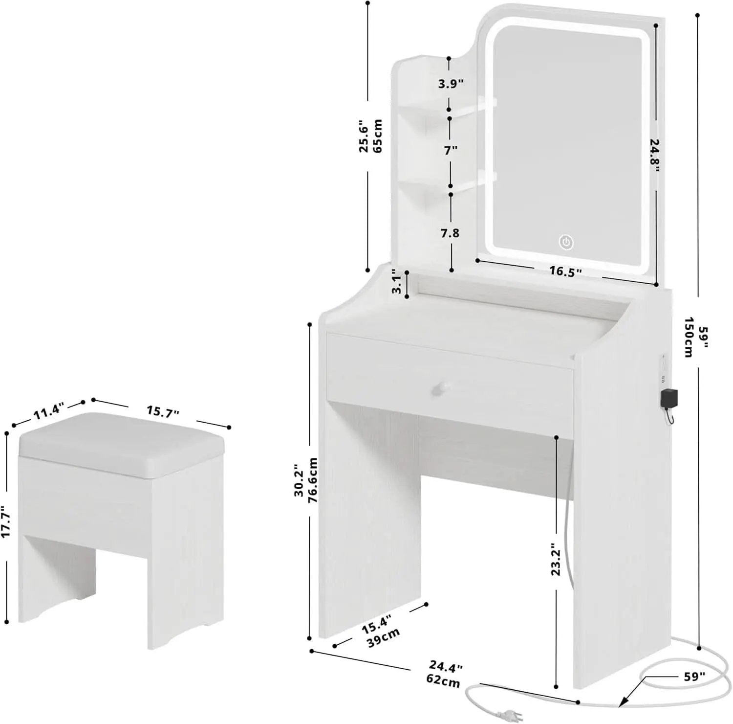 White Vanity Set With Lighted Mirror Modern Bedroom Desk from PriceLows™
