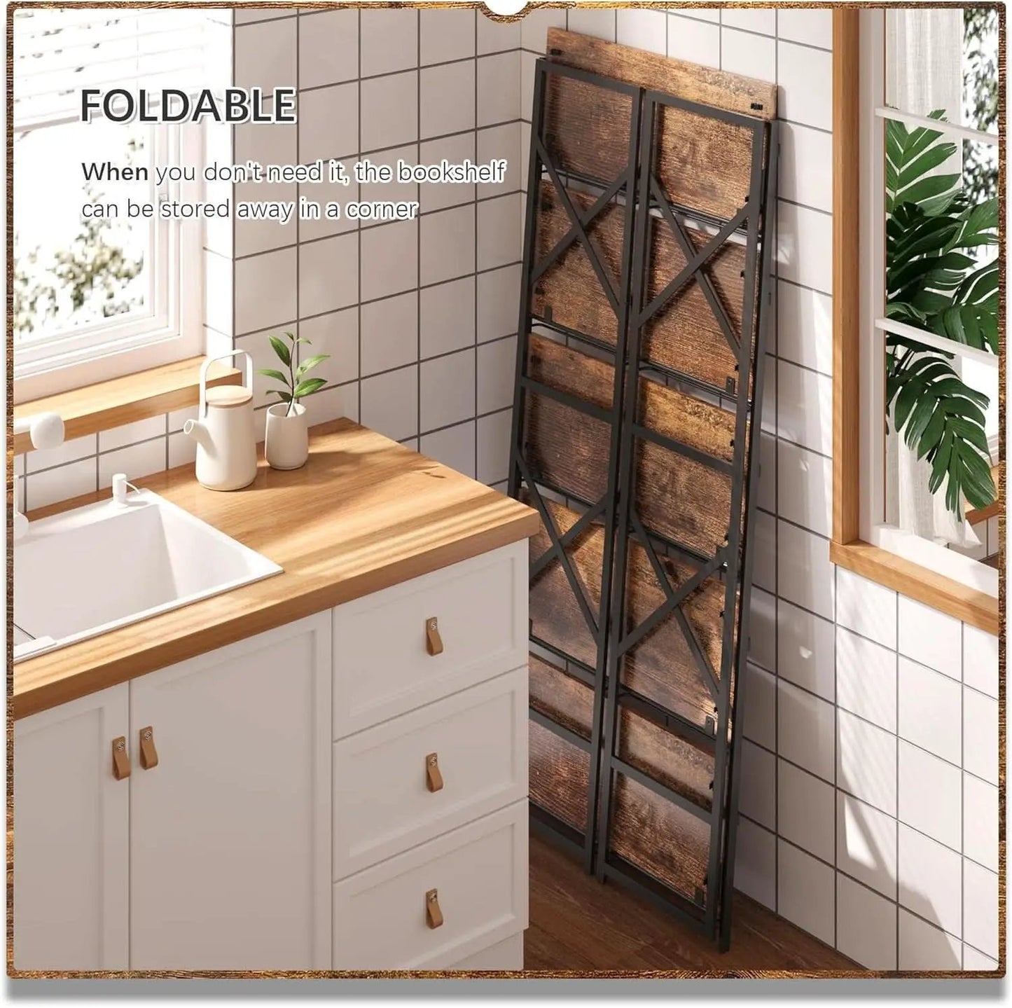 5 Tier Folding Bookshelf No Assembly Rustic Brown Storage from PriceLows™