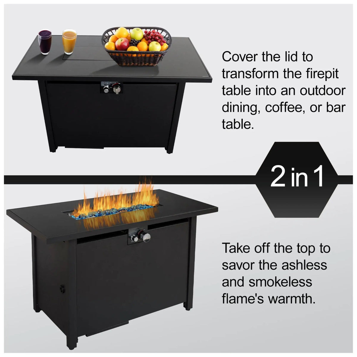 Black Fire Pit Table | 43 Inch Width | Generous Surface Area | Durable Steel
