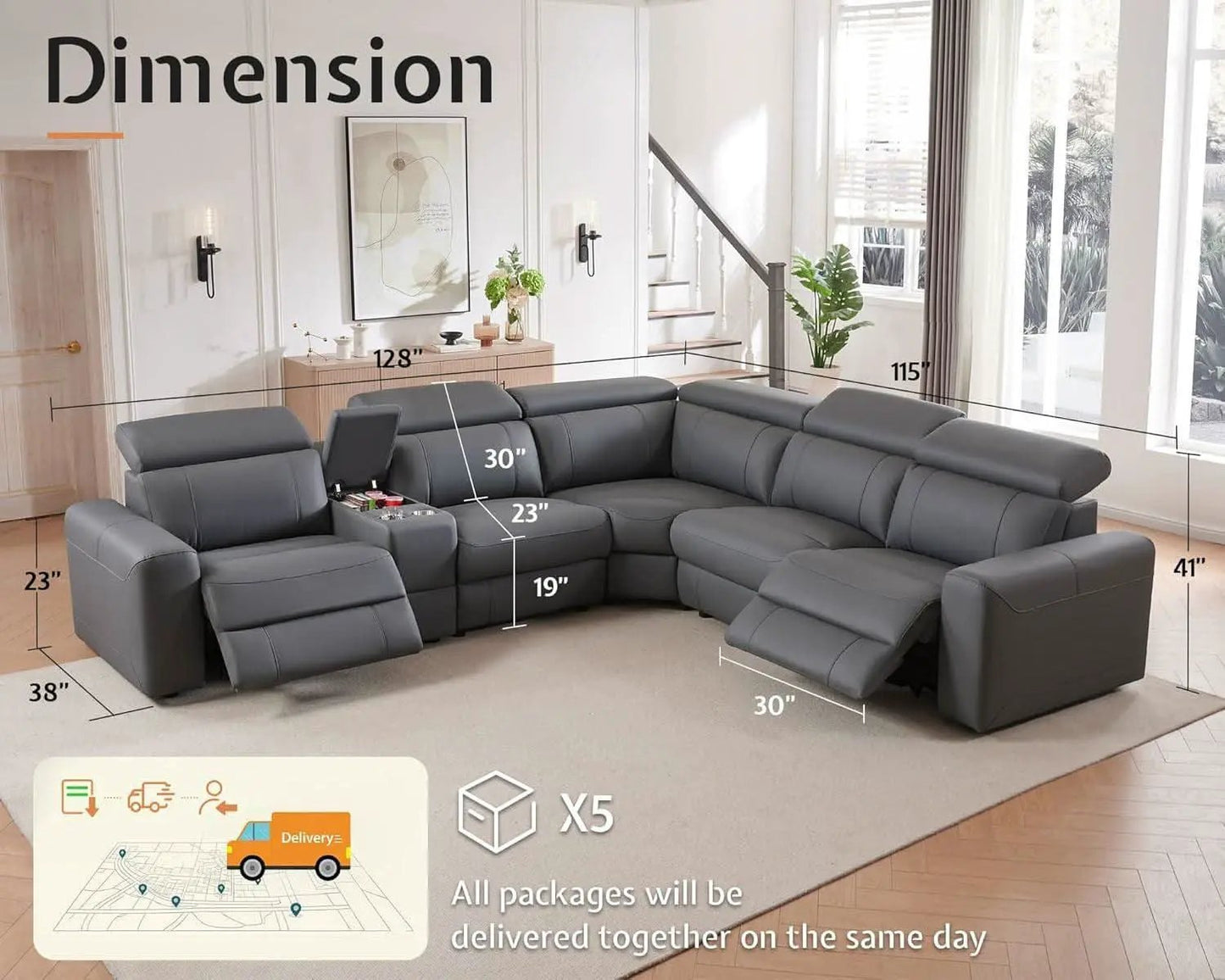 Grey Leather Power Recliner Sofa With Center Console from PriceLows™