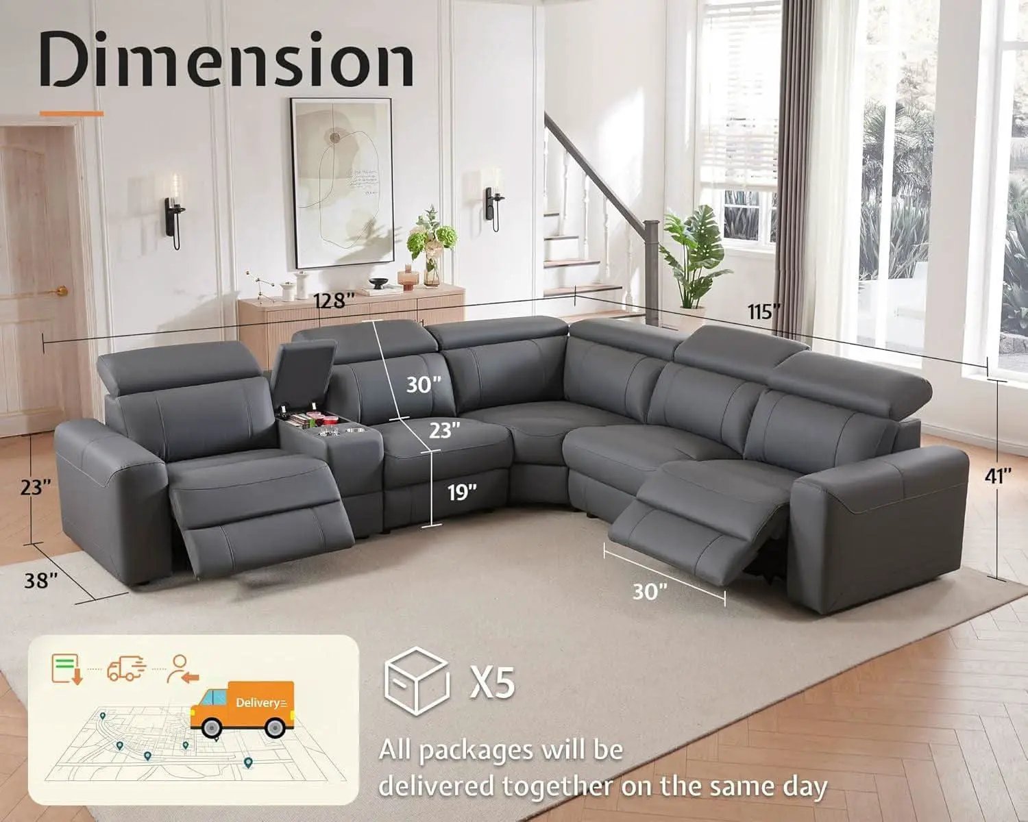 Grey Leather Power Recliner Sofa With Center Console from PriceLows™