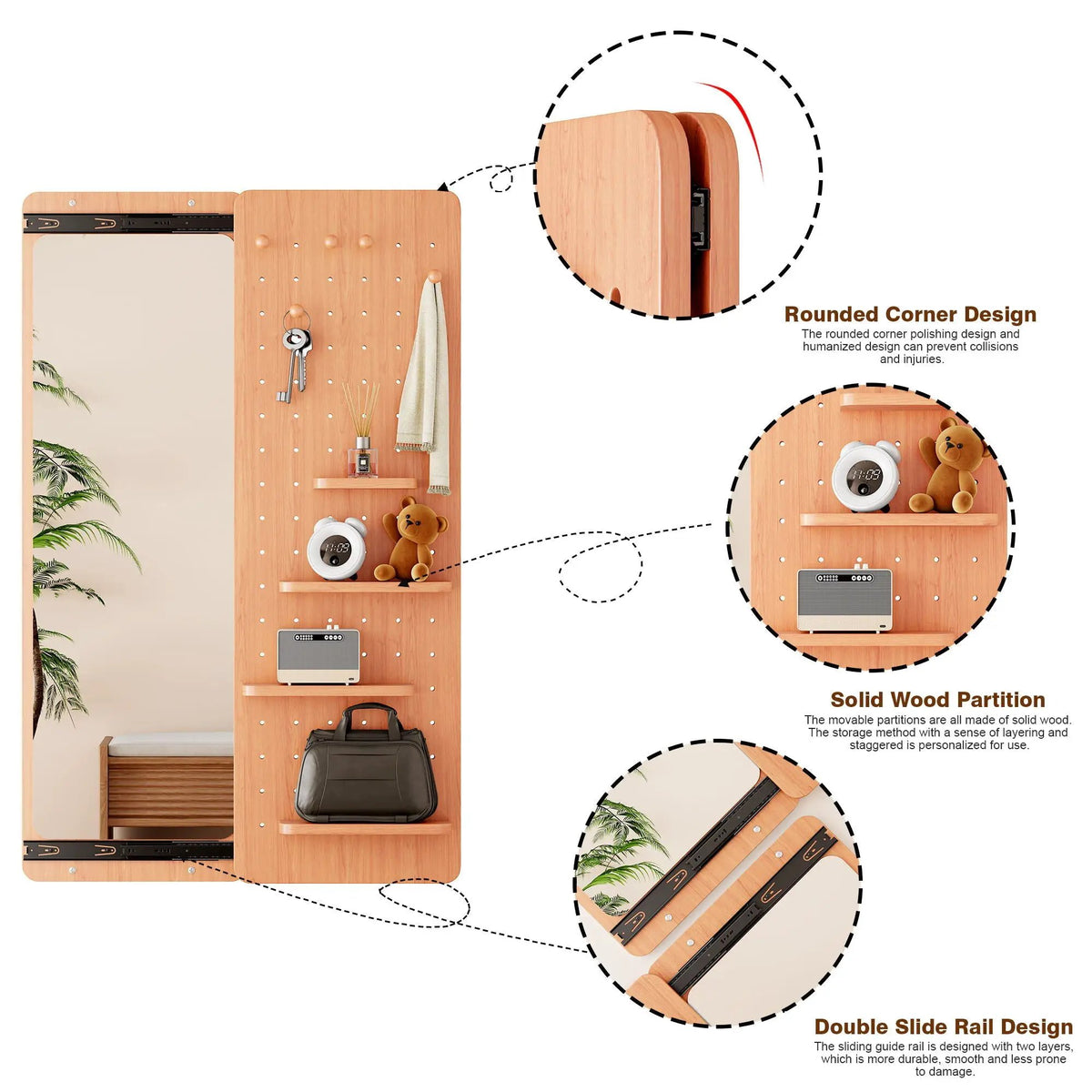 Wall Mounted Full Length Mirror | Shelf And Hook | Solid Rubber Wood | Push-Pull Removable Panel