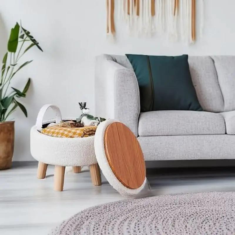 Cream Velvet Round Storage Ottoman With Solid Wood Legs