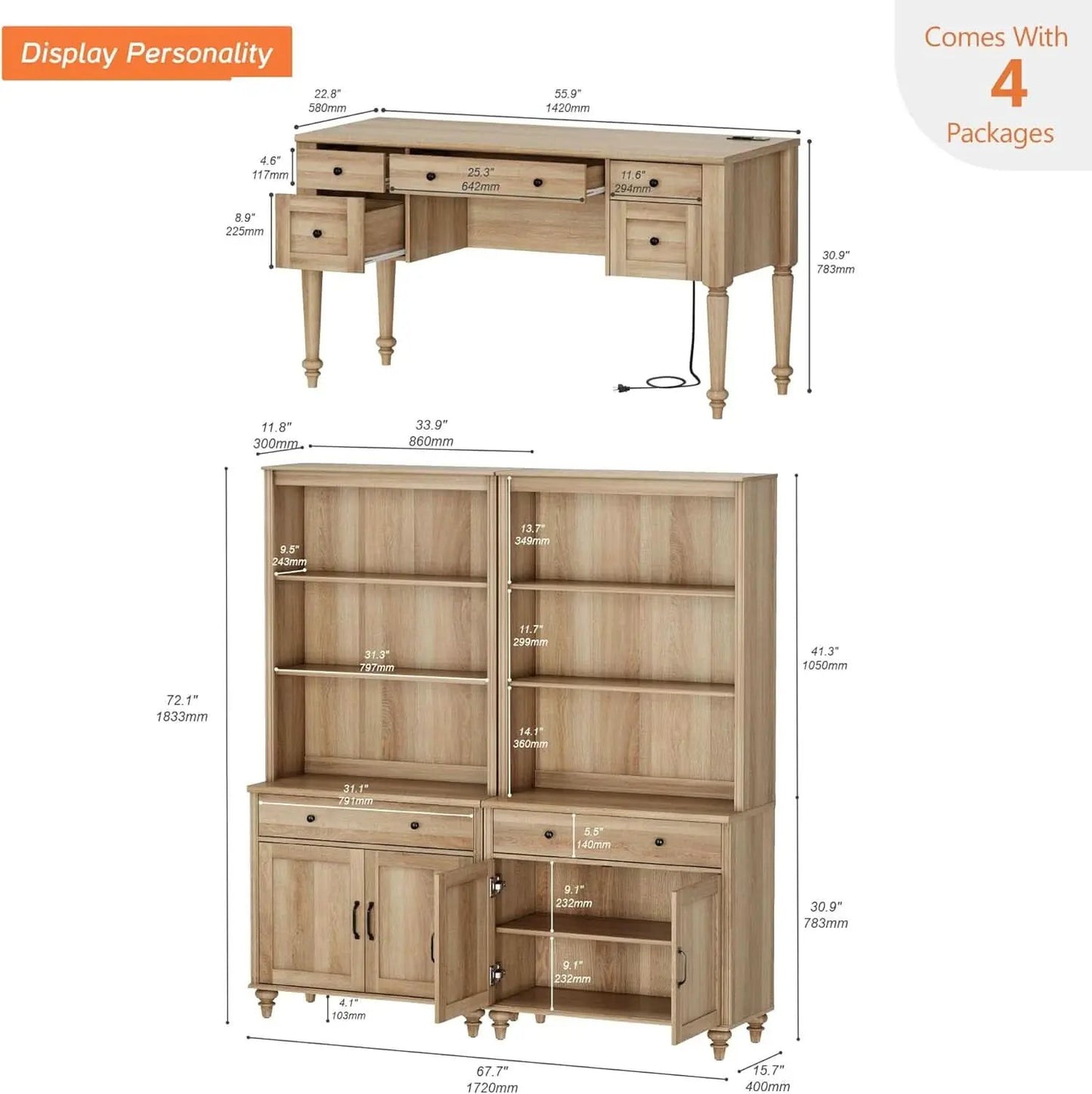 Elegant Oak 56 Inch Executive Desk Charging Station from PriceLows™