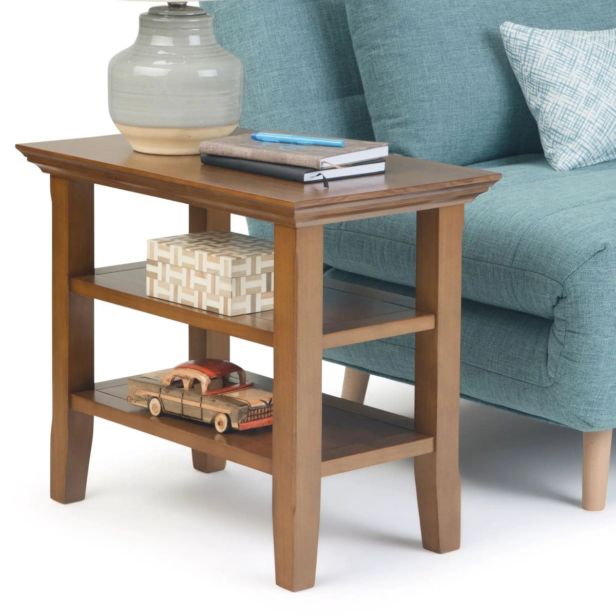 Acadian Narrow Side Table | Handcrafted Solid Wood | 2 Open Storage Shelves | 24 Inch Height