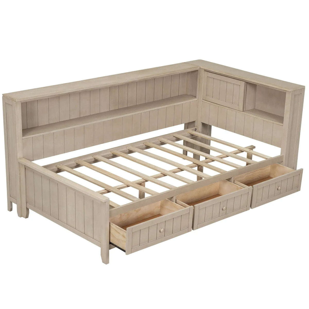 Daybed With Storage Shelves | Sliding Door Side Shelves | Farmhouse Style | 10 Wood Slats