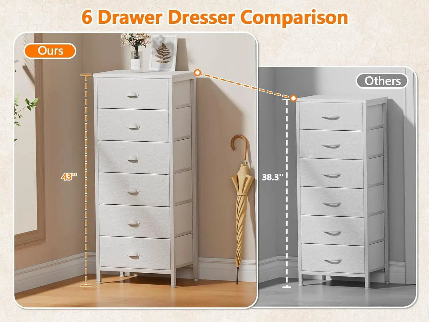 White Tall Dresser With Six Fabric Drawers For Organization from PriceLows™