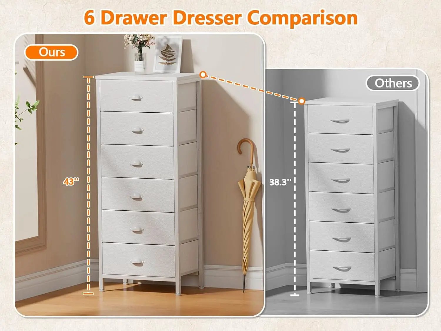 White Tall Dresser With Six Fabric Drawers For Organization from PriceLows™