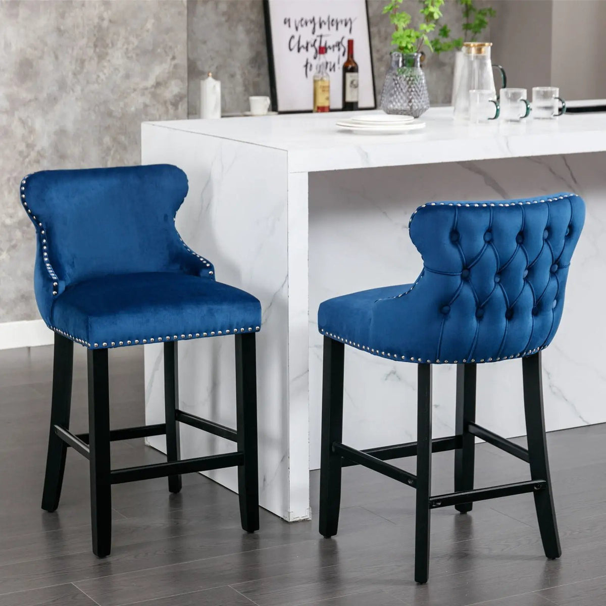 Wing-Back Barstools | Button Tufted Decoration | Wooden Legs With Nailhead Trim | Contemporary Upholstery