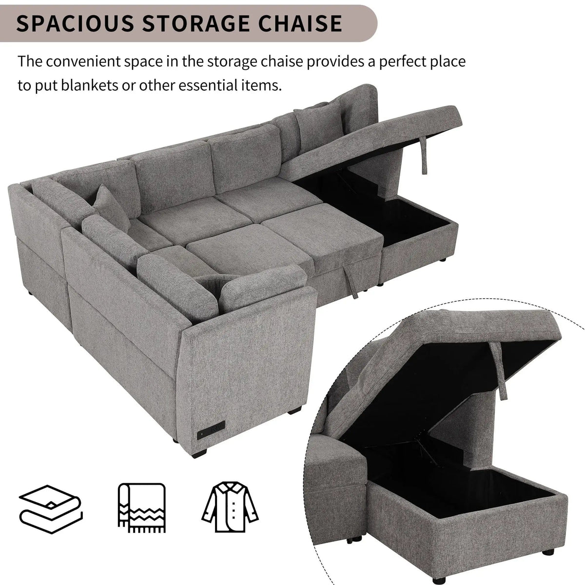 U-Shaped Sectional Sofa Pull Out Sofa Bed With Two USB Ports, Two Power Sockets | 3 Pieces | Fabric | Bedroom