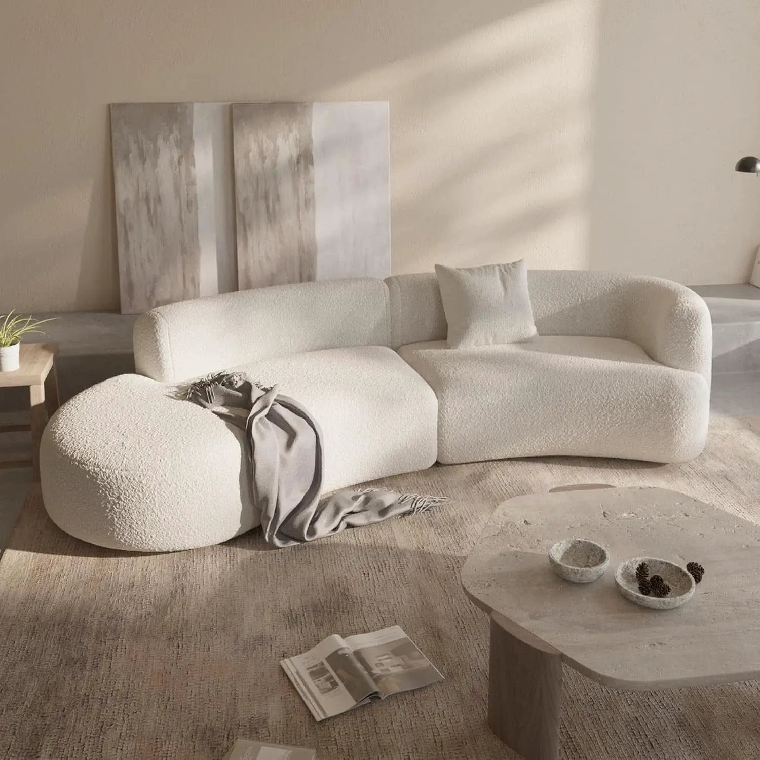 White Boucle Curved Sectional Sofa Modular Living Room from PriceLows™