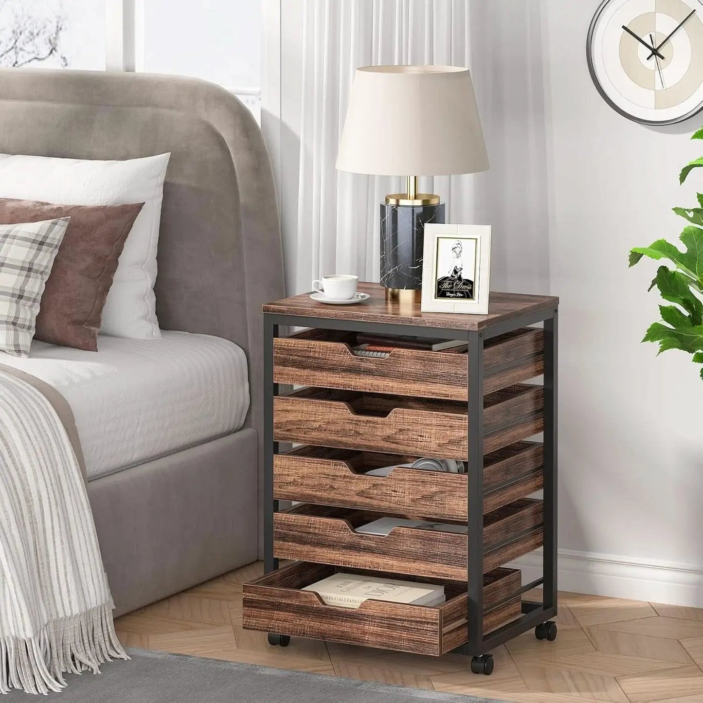 Industrial Five Drawer Wood Dresser Cart BrownFinish from PriceLows™