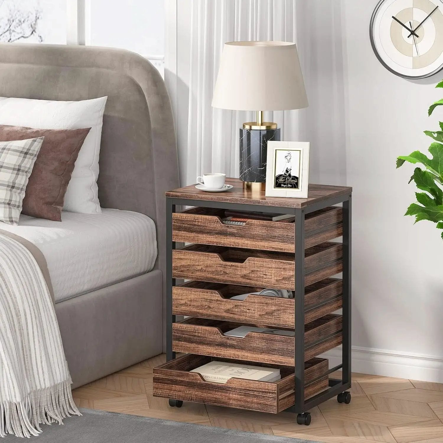 Industrial Five Drawer Wood Dresser Cart BrownFinish from PriceLows™