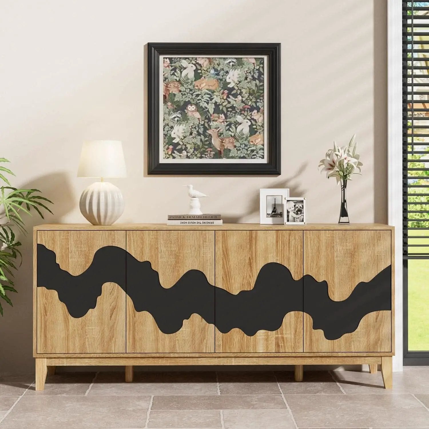 63 Inch Buffet Cabinet White With Blue Water Pattern from PriceLows™