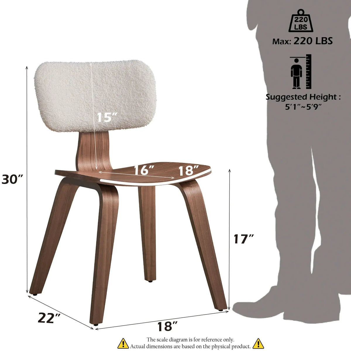Casson Boucle 7 Walnut Side Chair (Set of 2) | 22 x 18 x 30 in | Walnut & Boucle | White / Walnut