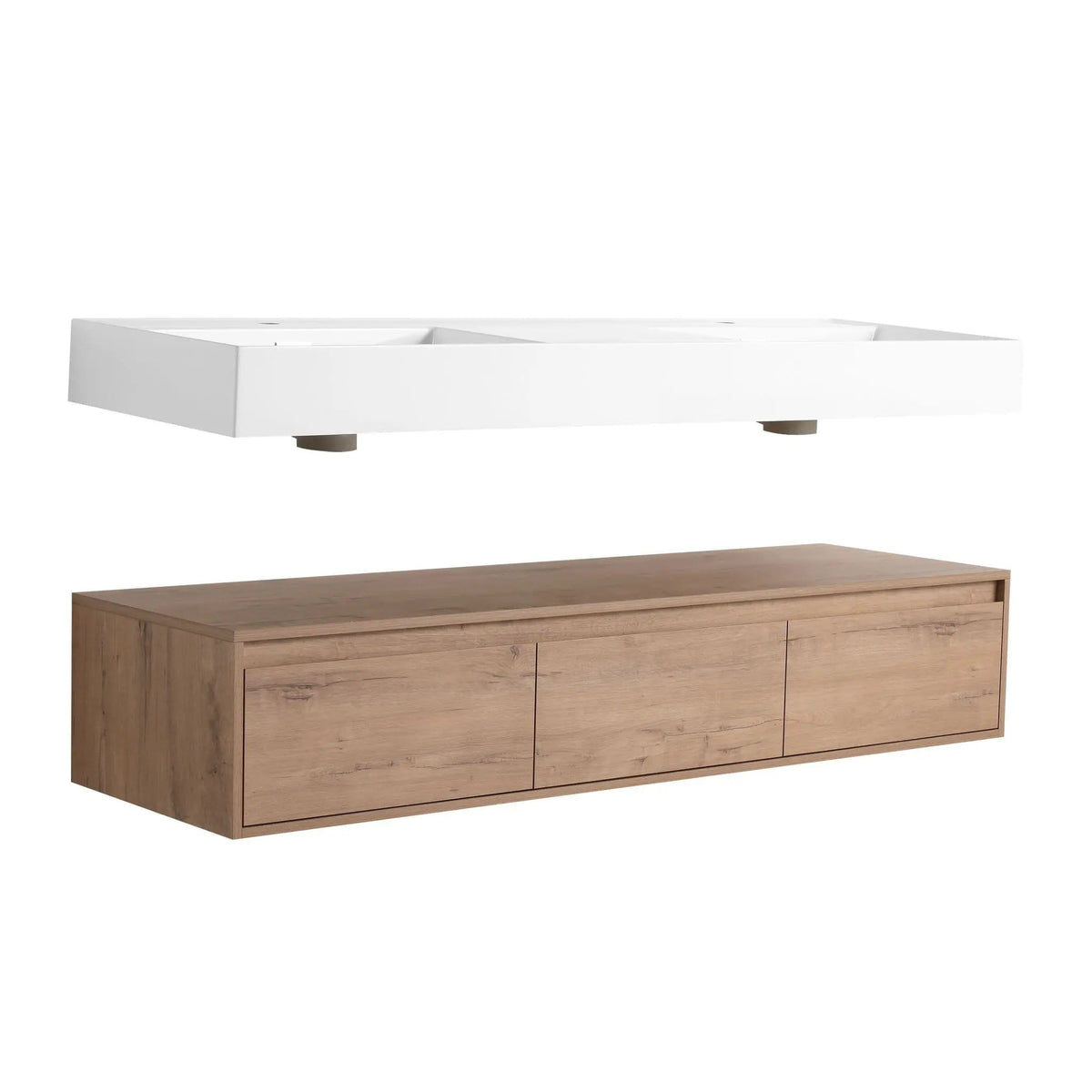 Contemporary Wall Mounted Bathroom Vanity With Dual Resin Sink And Soft Close Drawer | 2 Pieces | Plywood & Resin | Bathroom