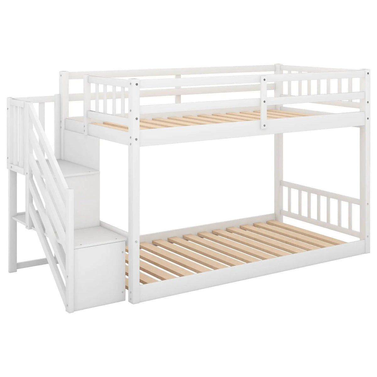 Floor Bunk Bed | Dual Guardrails | Ladder Storage | Twin Over Twin