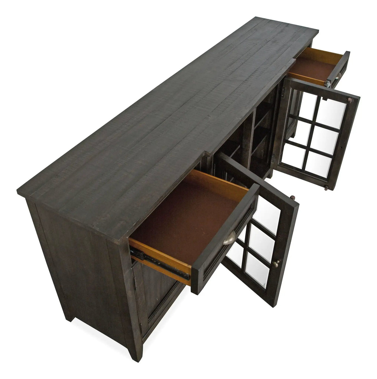 Westley Falls Entertainment Console | Wood Framed Glass Doors | Felt Lined Top Drawers | 70 Inch Width