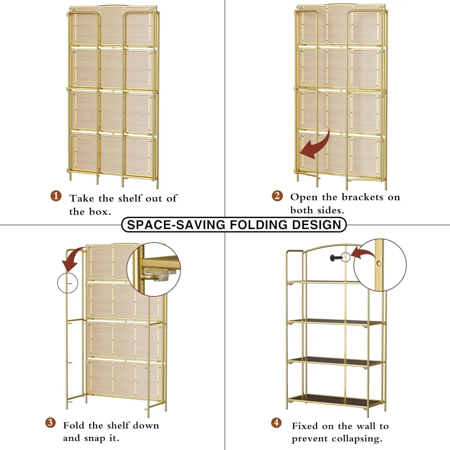 No Assembly Foldable Bookshelf 4 Tier Gold Bookcase from PriceLows™