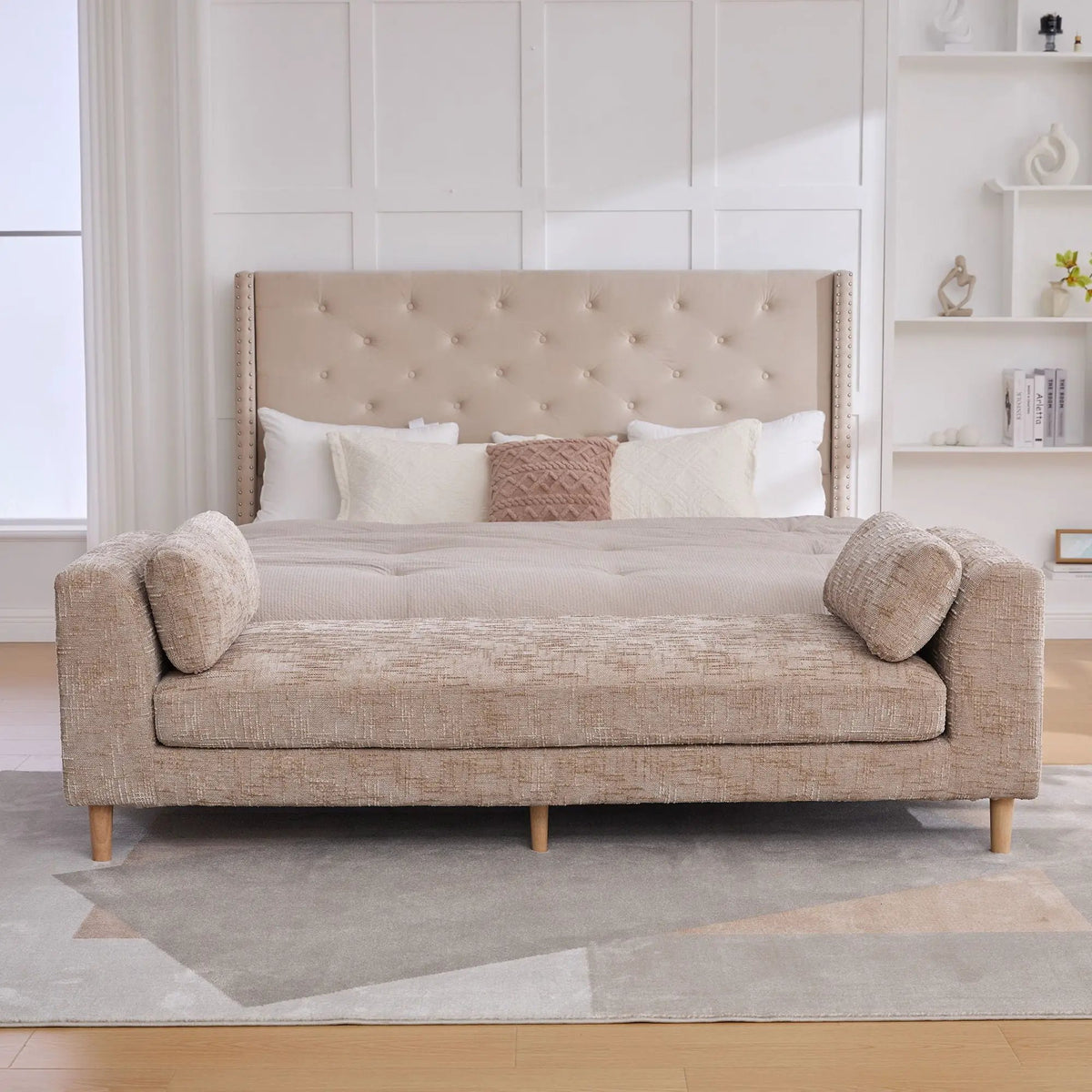 End Of Bed Bench | Upholstered With Armrests | Trapezoid Chaise Design | Kiln-Dried Solid Wood