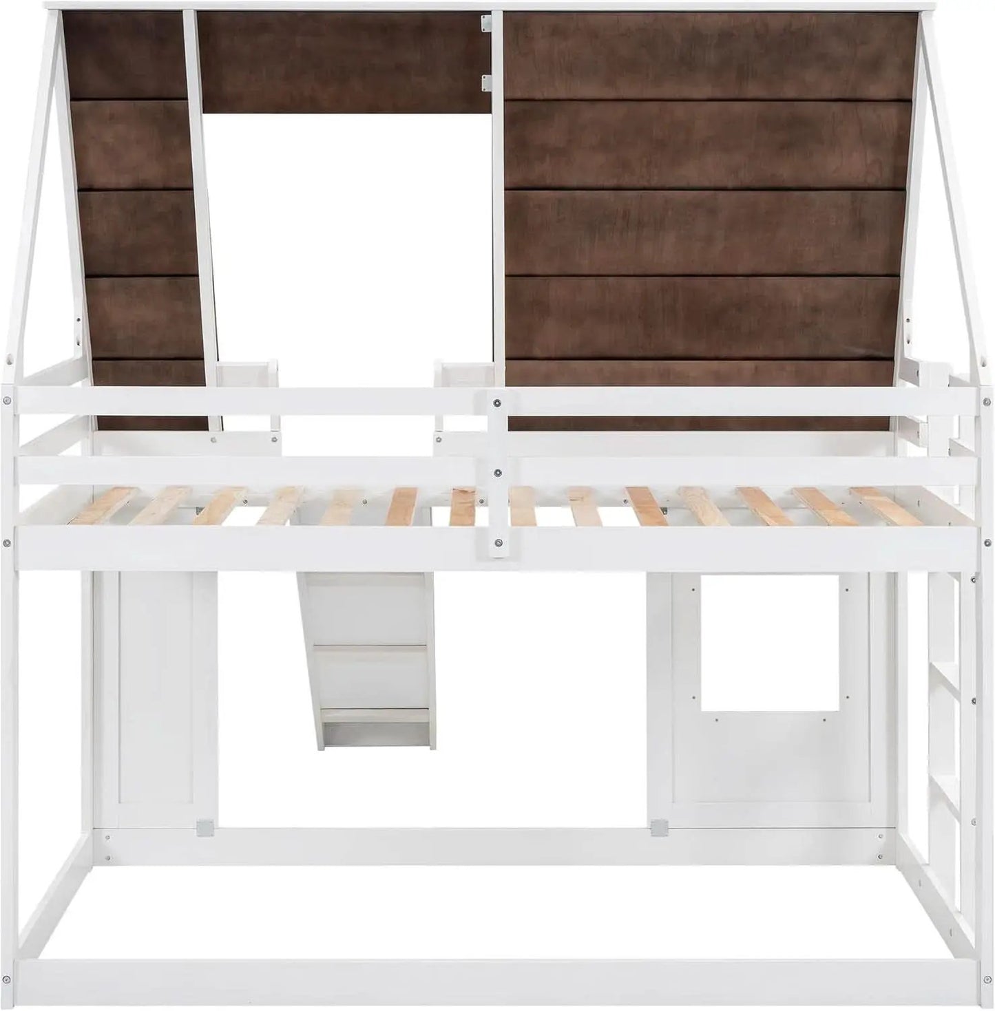 Twin Over Twin House Bunk Bed Frame White Brown With Roof from PriceLows™