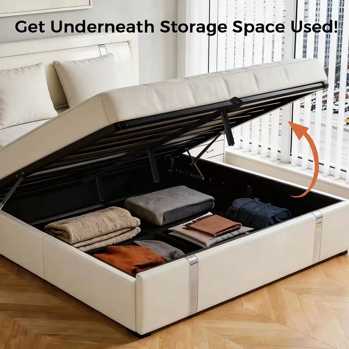 Upholstered Platform Bed Frame | Adjustable LED Headboard | Hydraulic Lift