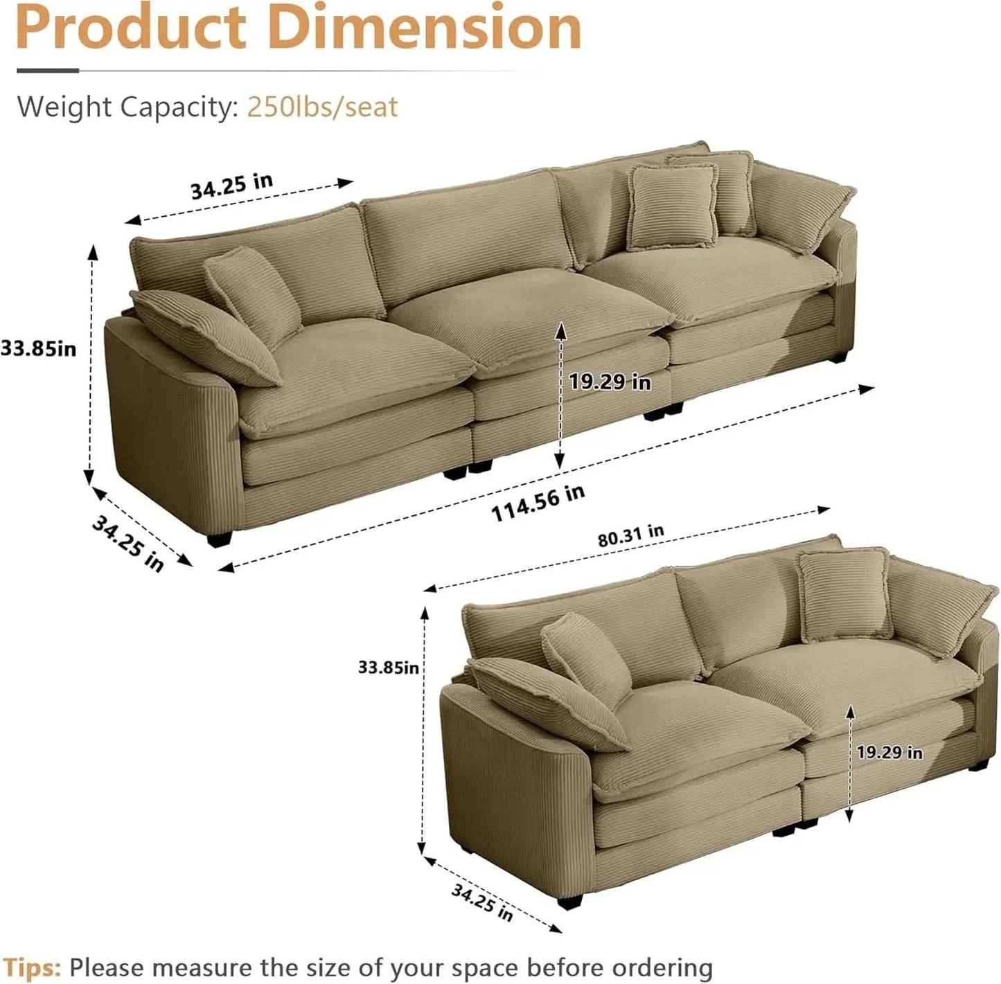 3 Piece Corduroy Sofa Set Camel 3 Seater And 2 Loveseats from PriceLows™