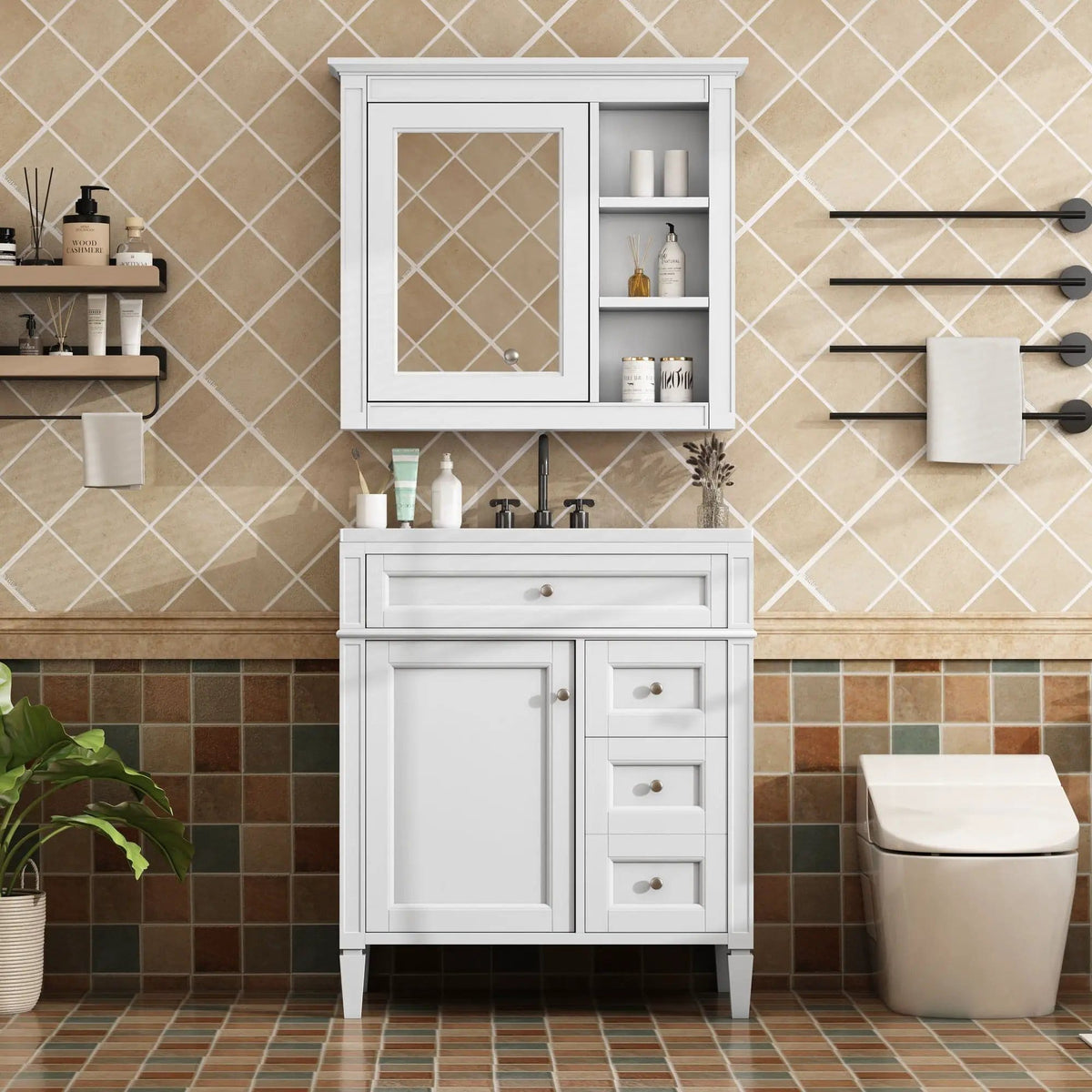 Bathroom Vanity With Top Sink, 2 Doors And 3 Drawers, Freestanding Set With Mirror | Vanity & Cabinet | Solid Wood & Ceramic | Bathroom