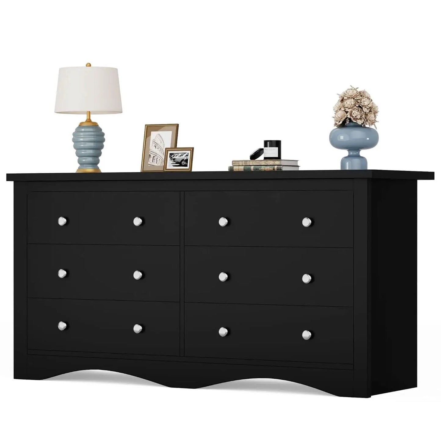 Glossy Black 52 Inch Six Drawer Dresser for Modern Storage from PriceLows™