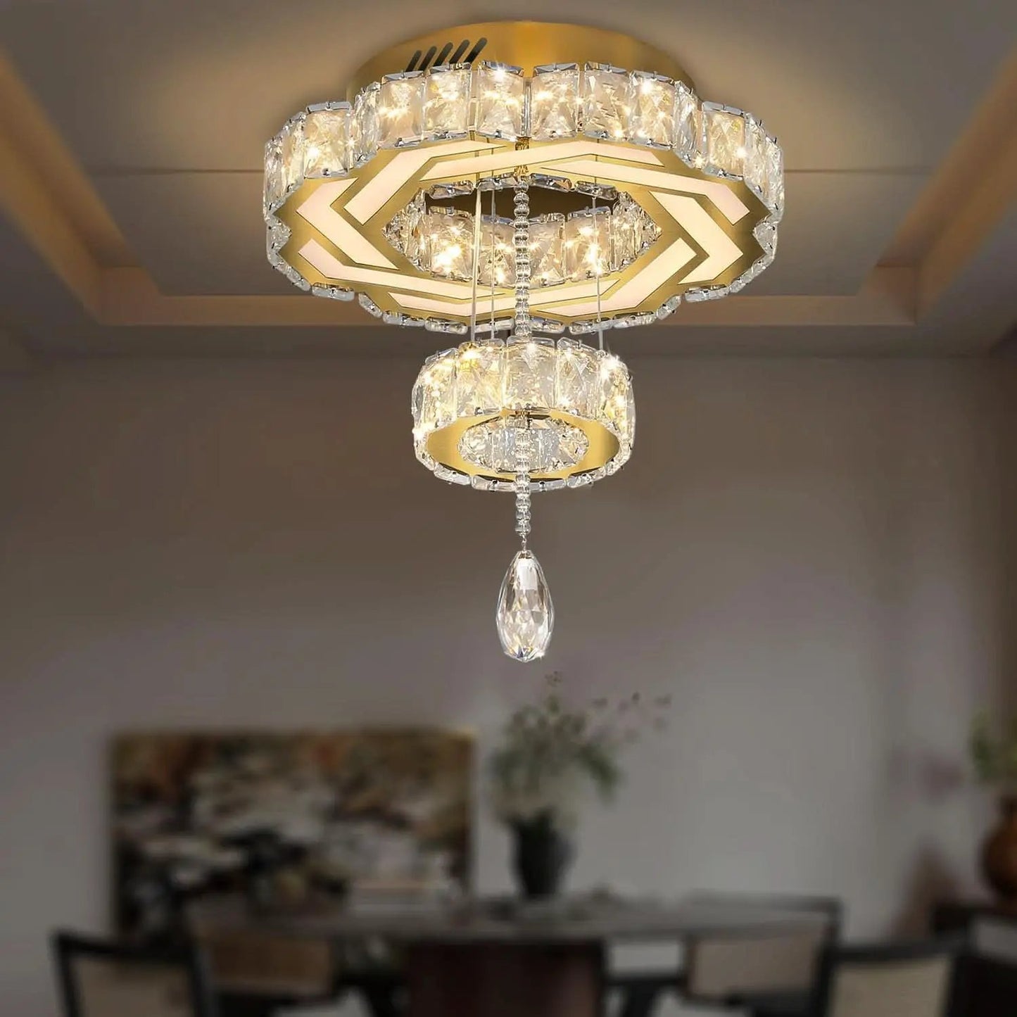 Gold Crystal Chandelier 12 Inch Dimmable Flush Mount from PriceLows™