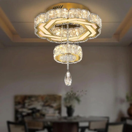 Gold Crystal Chandelier 12 Inch Dimmable Flush Mount from PriceLows™