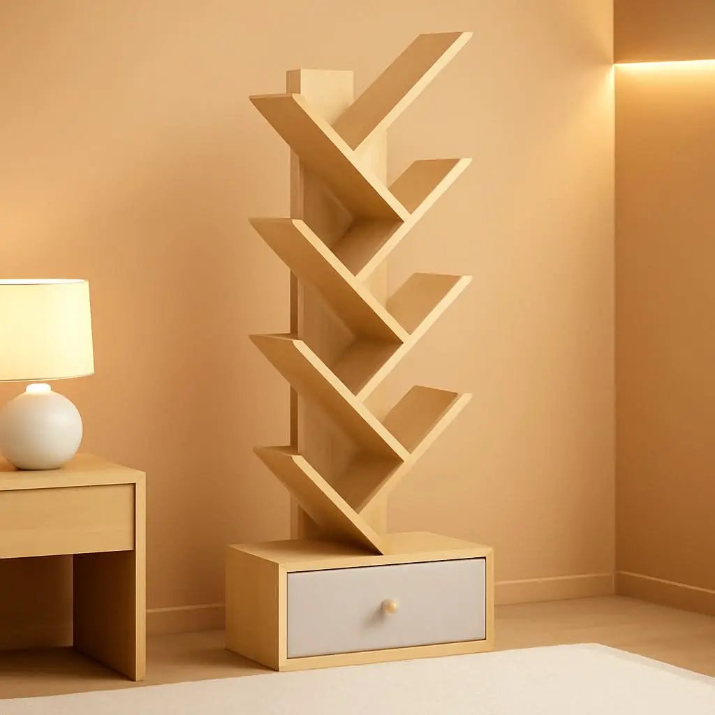 8 Tier Tree Bookshelf With Drawer Natural Wood Bookcase from PriceLows™