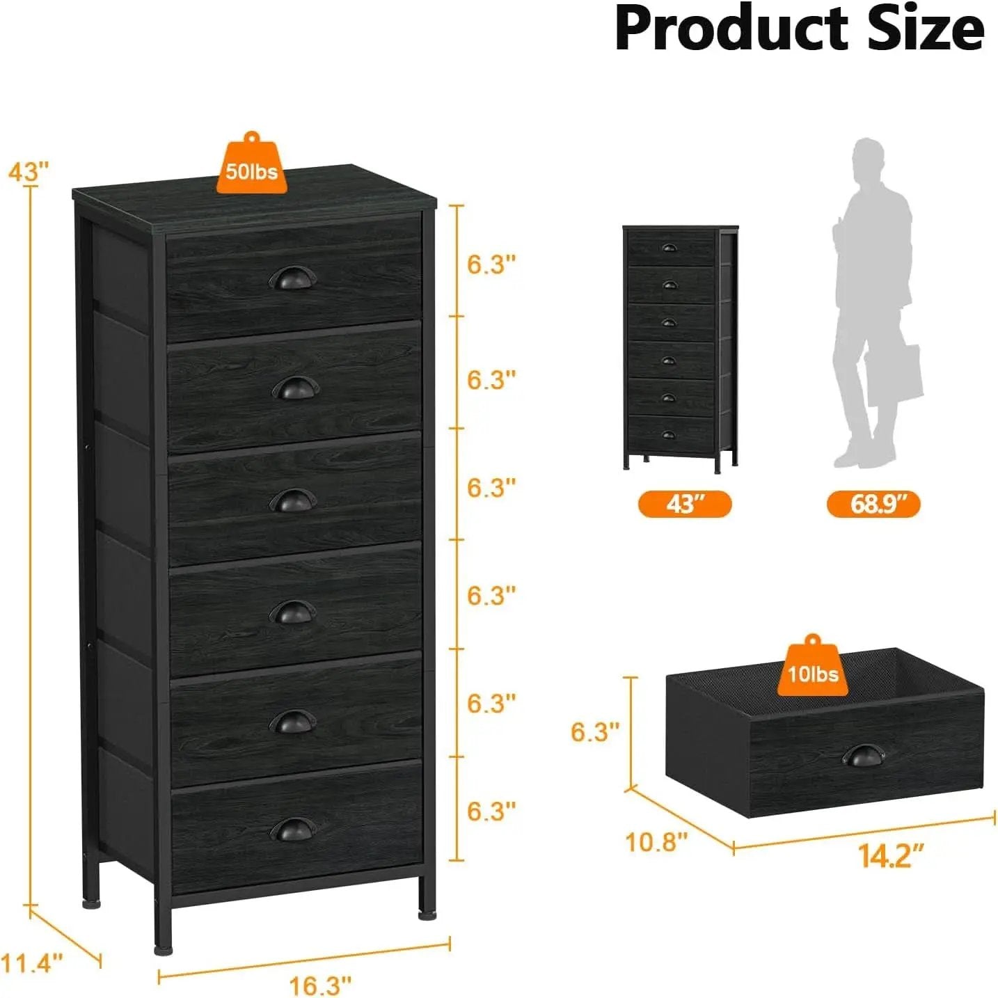Tall Dresser With 6 Drawers Black Vertical Nightstand from PriceLows™