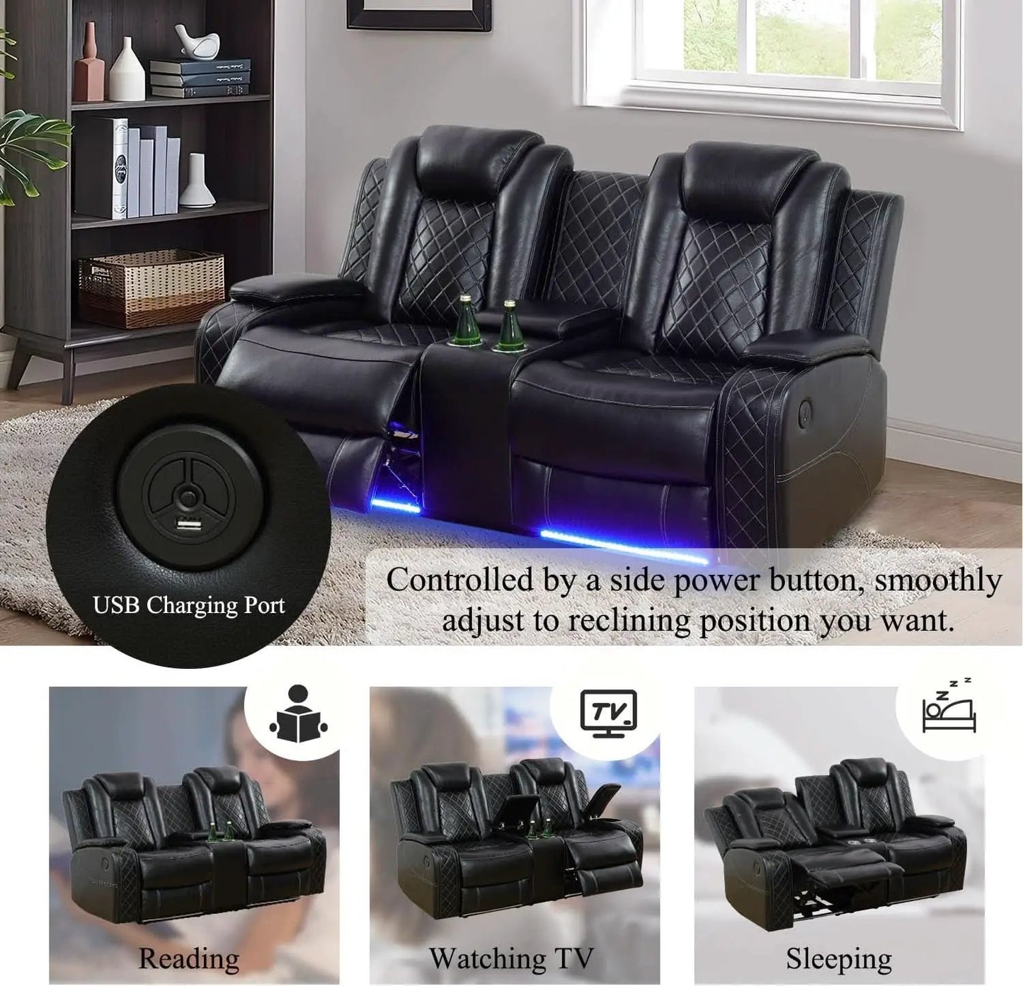 Leather Power Recliner Sofa Set With LED USB Ports Black from PriceLows™
