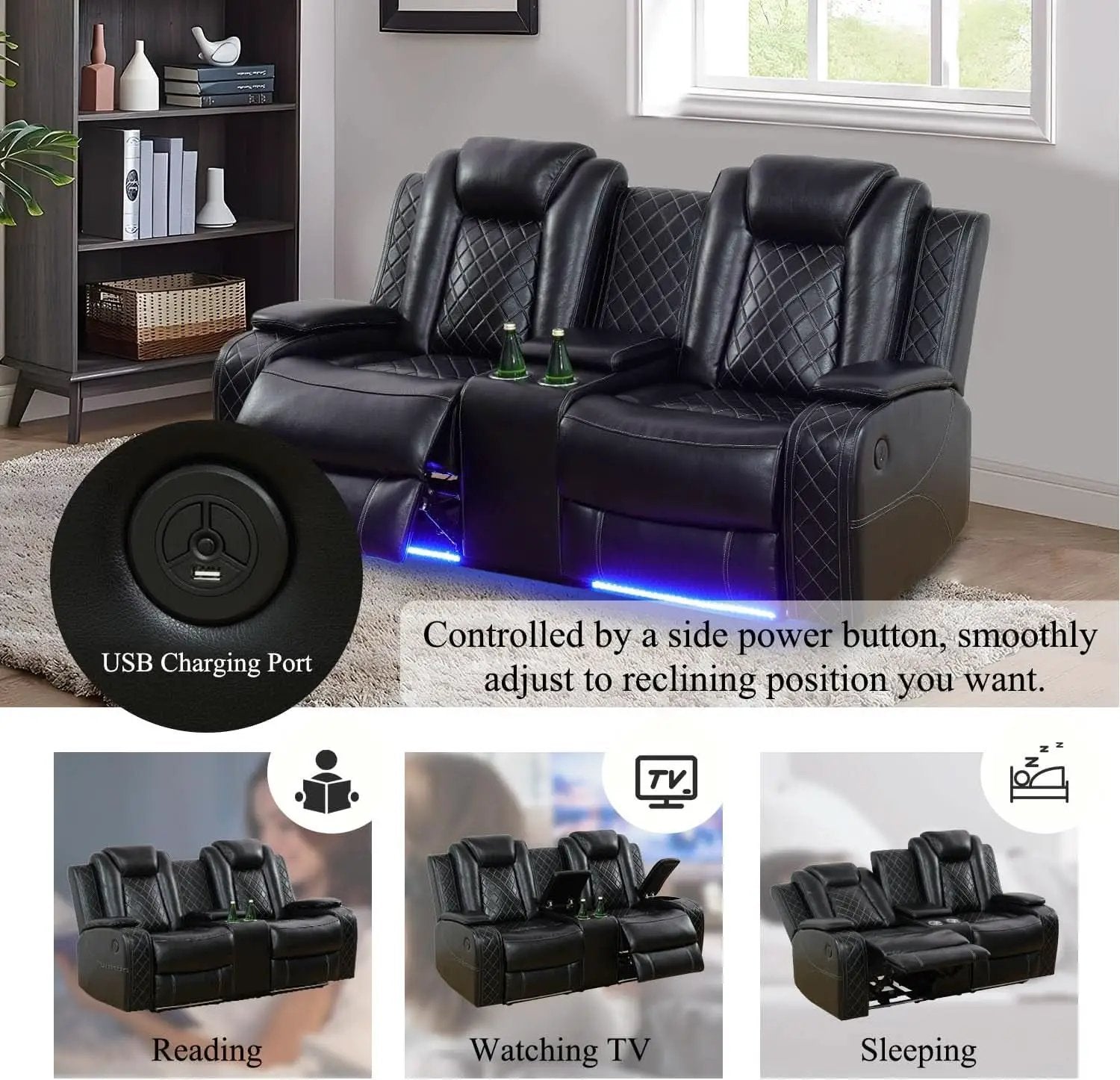 Leather Power Recliner Sofa Set With LED USB Ports Black from PriceLows™