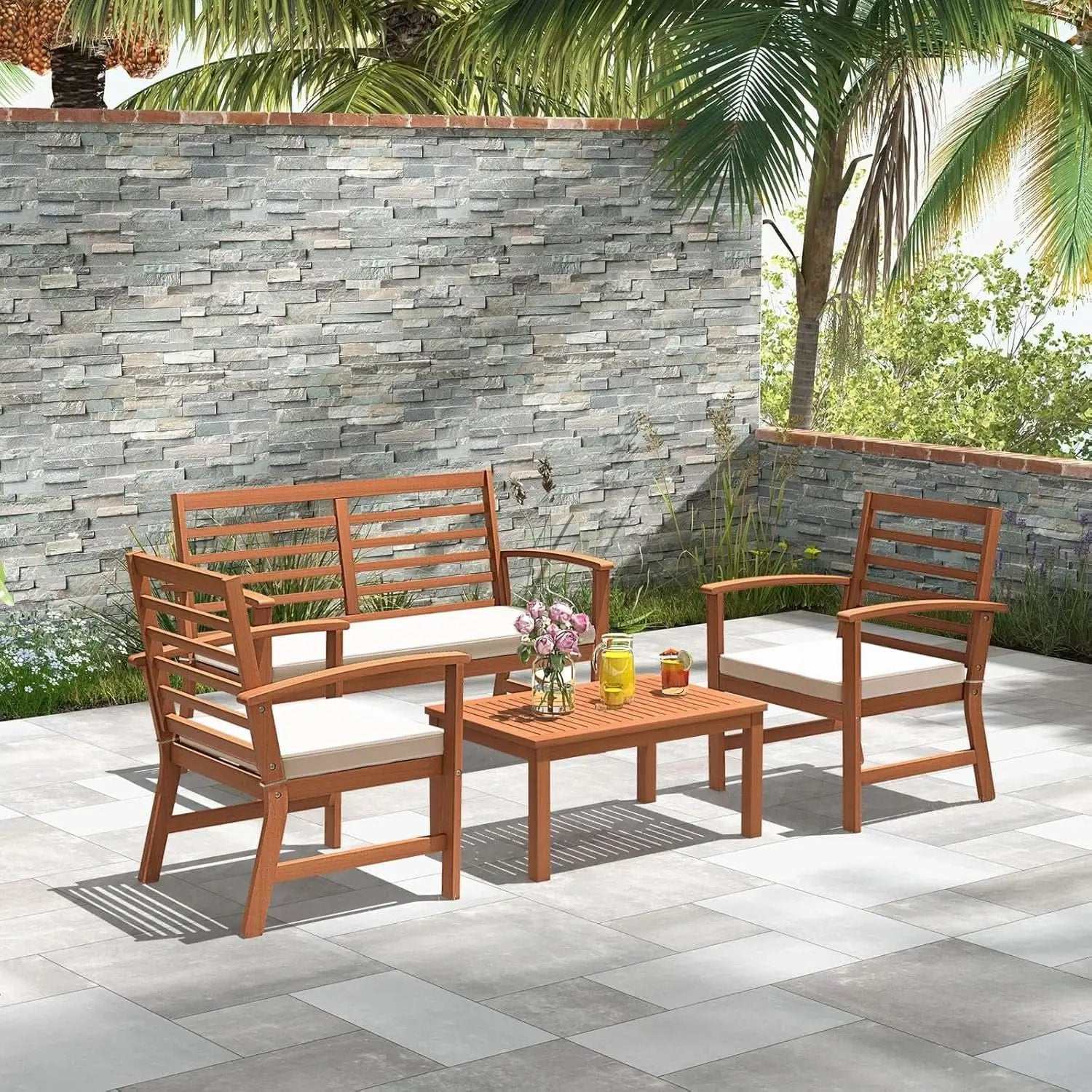 Acacia Wood Outdoor Conversation Set With Cushions White from PriceLows™