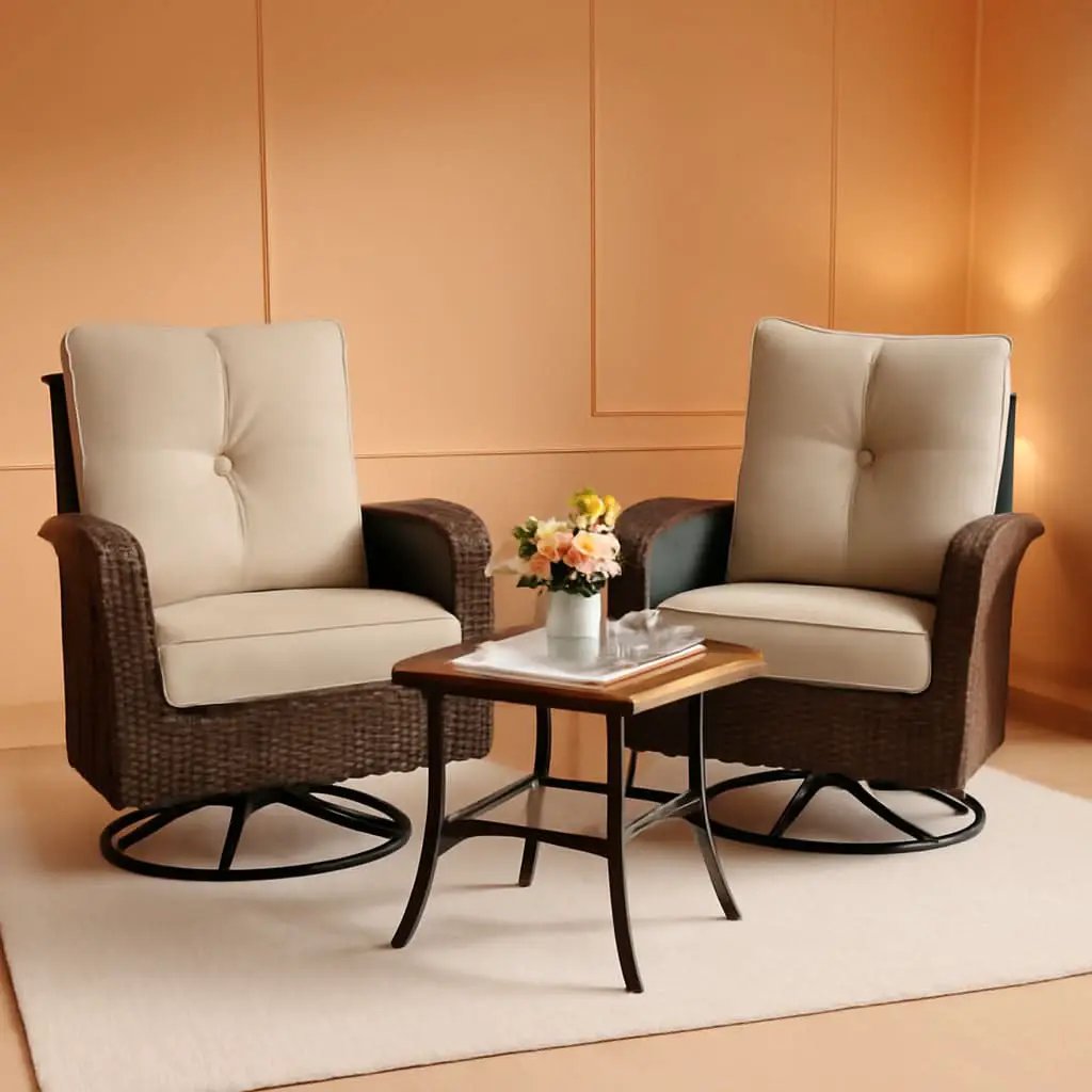Two Outdoor Swivel Wicker Glider Patio Chairs With Table Set Brown Rattan And Beige Cushions from PriceLows™