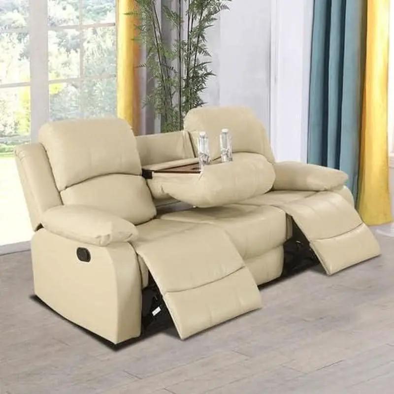 Beige Manual Leather 3 Piece Recliner Sofa Set For Living Room from PriceLows™