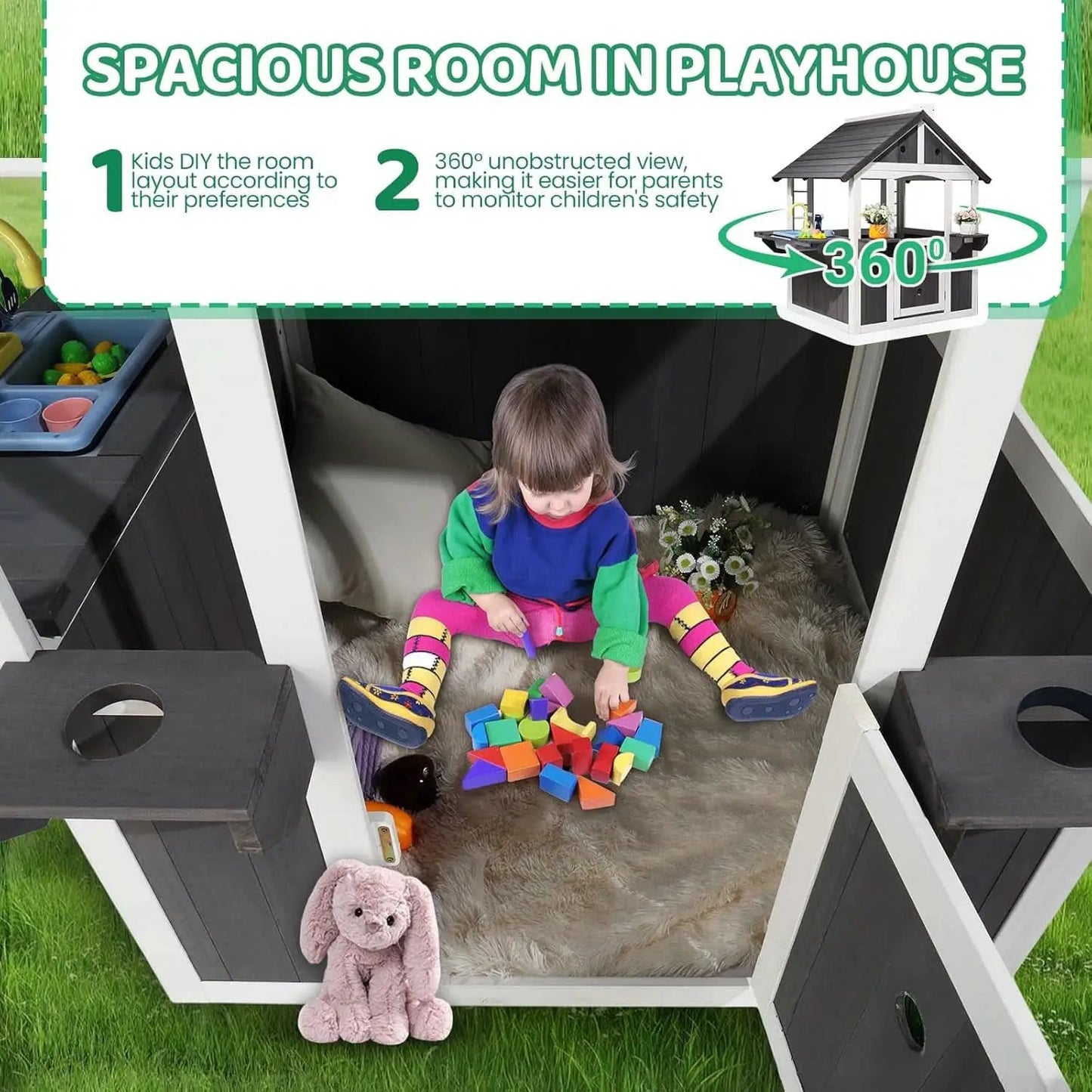 Wooden Outdoor Playhouse Gray White Integrated Sink from PriceLows™