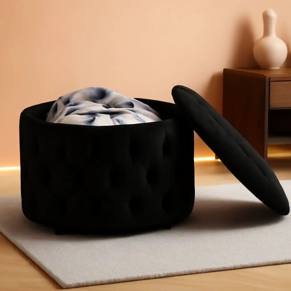 Twenty EightInch Velvety Round Storage Ottoman Black Tufted from PriceLows™