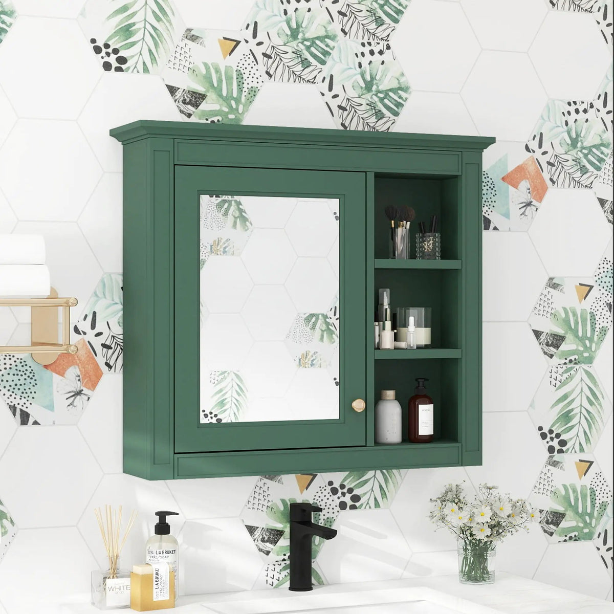 Modern Wall Mounted Medicine Cabinet | 3 Open Shelves | Mirror Door