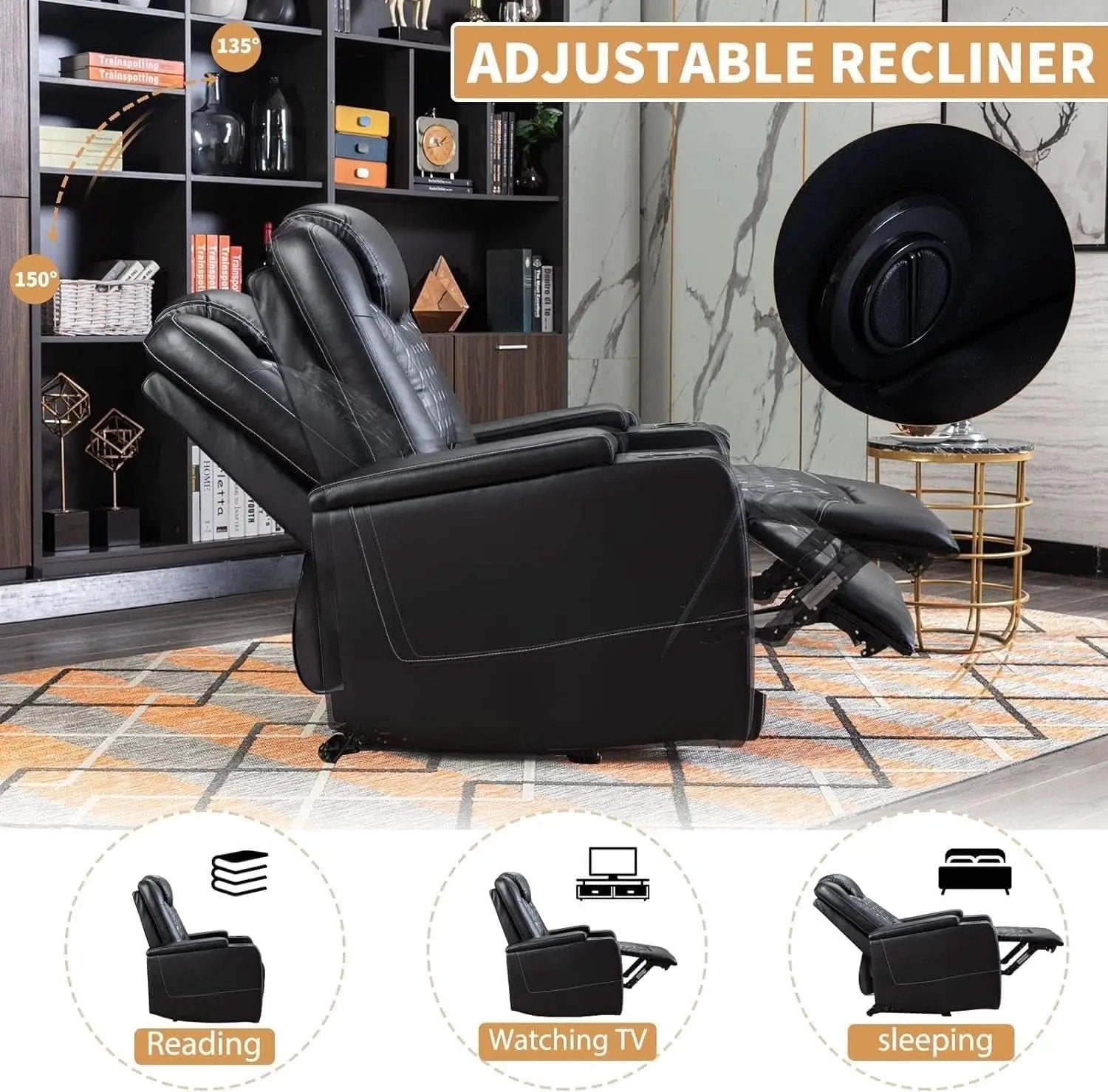 Power Recliner Chair With USB Ports And Cup Holders Black from PriceLows™