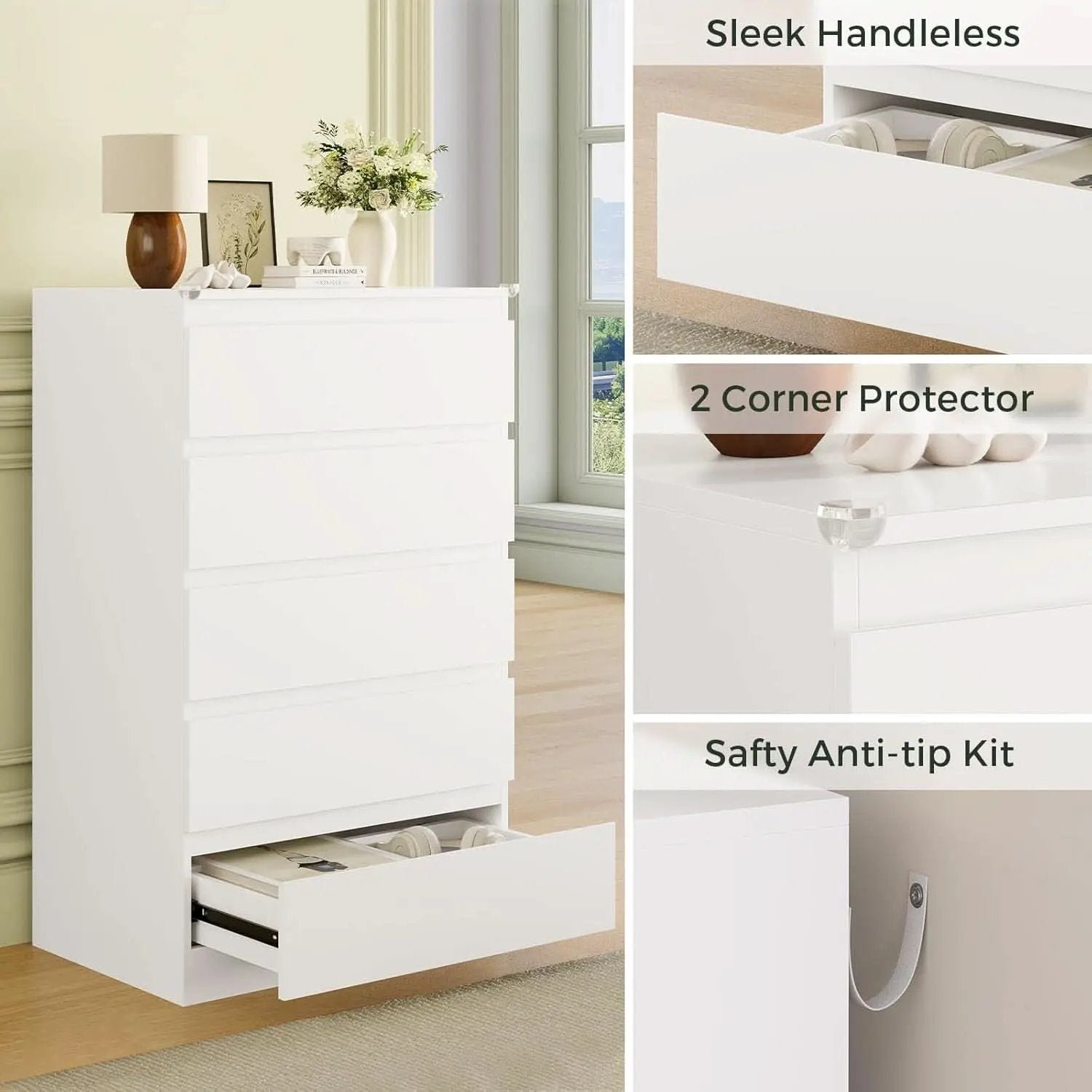 White Contemporary Solid Wood Dresser Five Drawers from PriceLows™