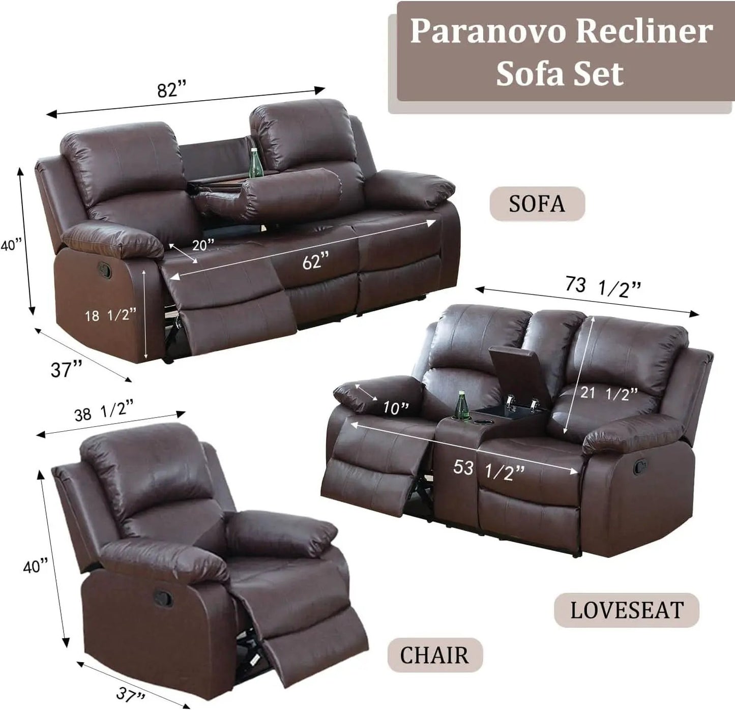 Brown 3 Piece Vegan Leather Recliner Sofa Set Cupholders from PriceLows™