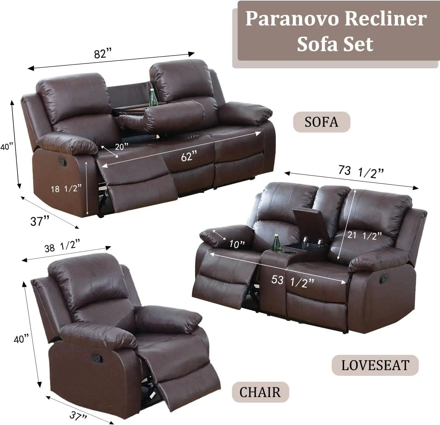 Brown 3 Piece Vegan Leather Recliner Sofa Set Cupholders from PriceLows™