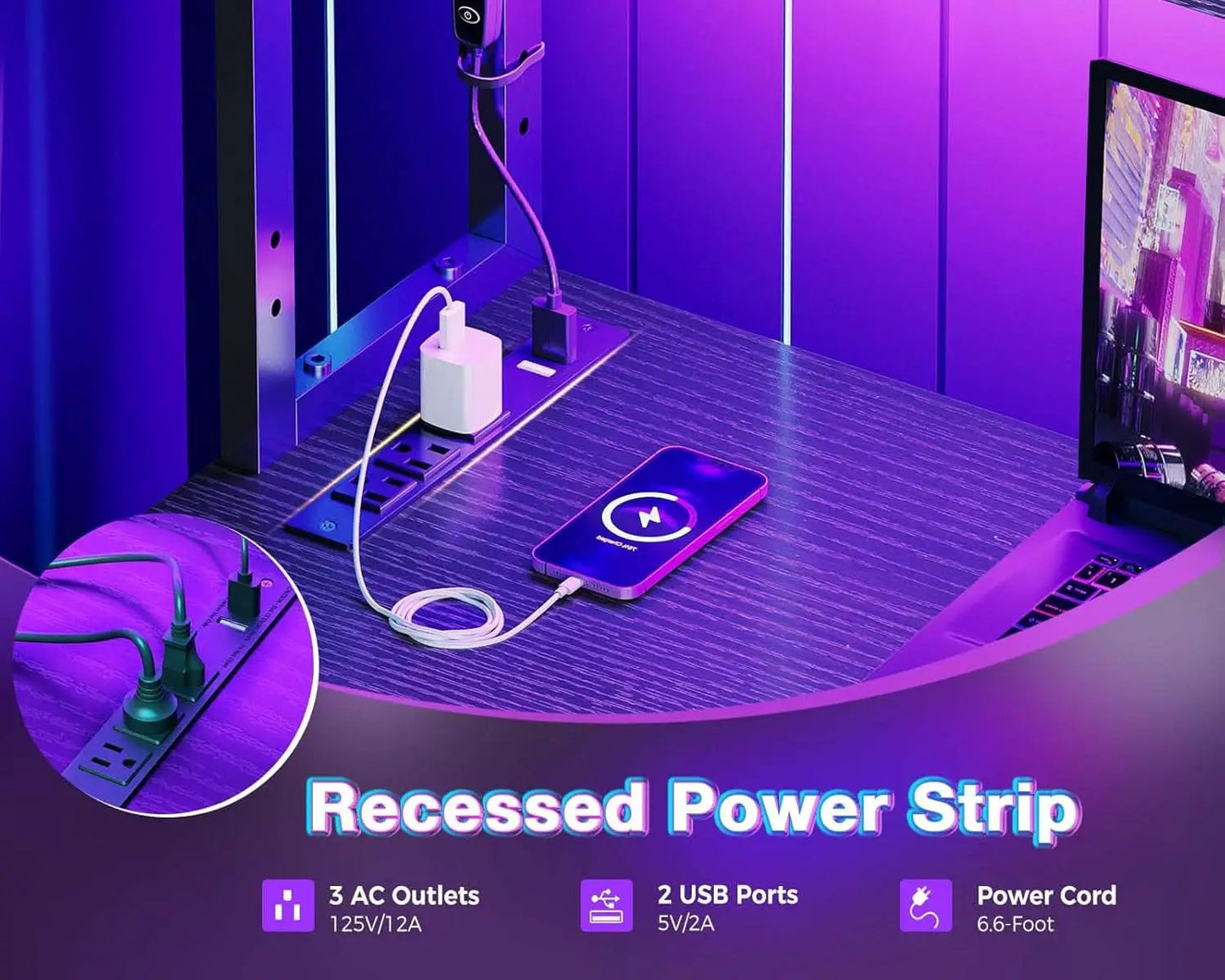 L Shaped Gaming Desk With LED Lights And Power Outlets from PriceLows™